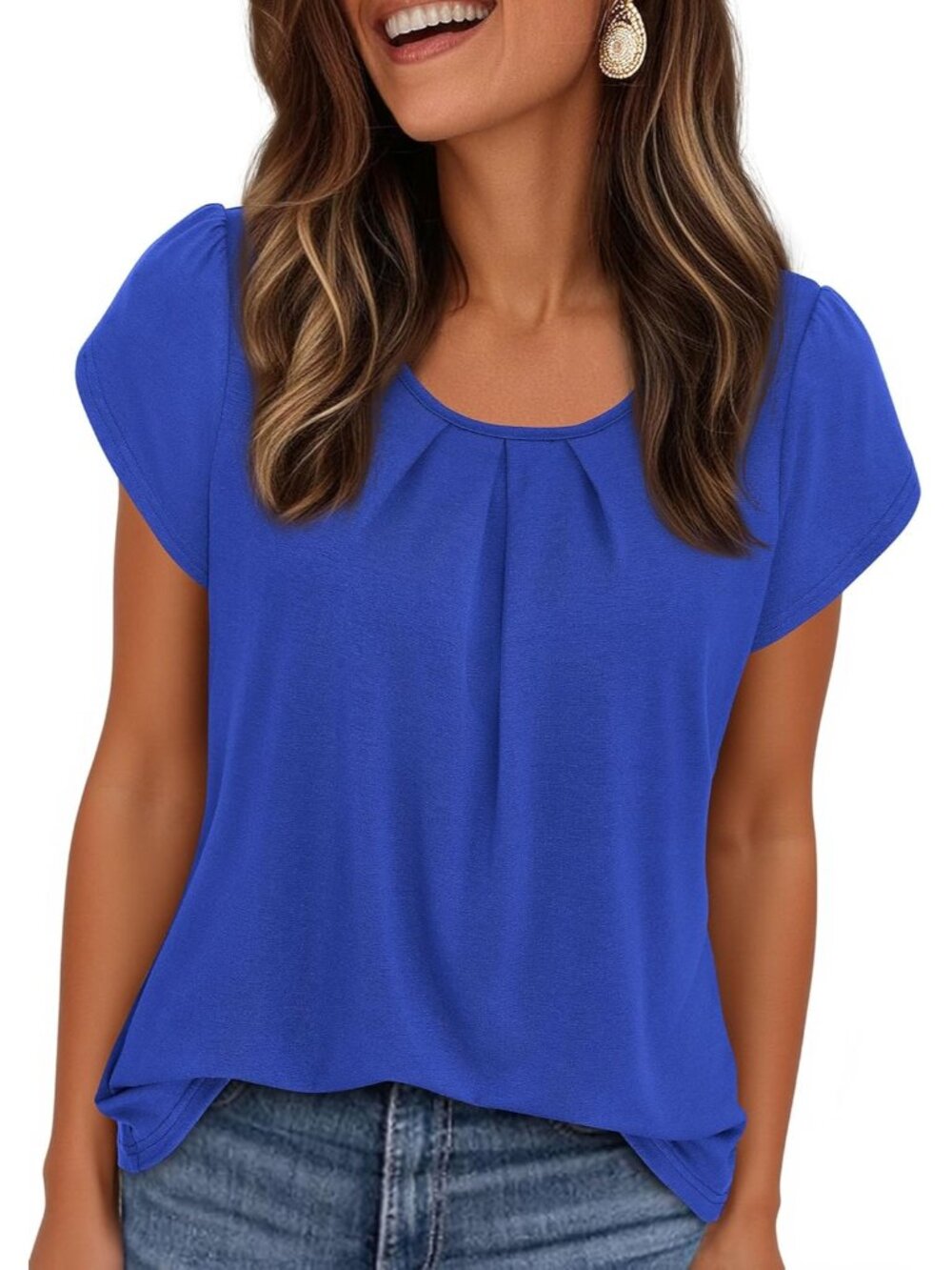 Women's Royal Blue Short Sleeve Pull On Crew Neck Casual Tops Imported T Shirts